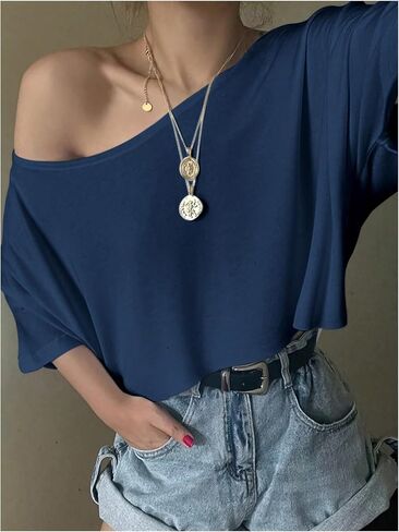 SHENHE Women's Crop Top Asymmetrical Neck Half Sleeve Loose T Shirt Off Shoulder Tops in Saudi Arabia