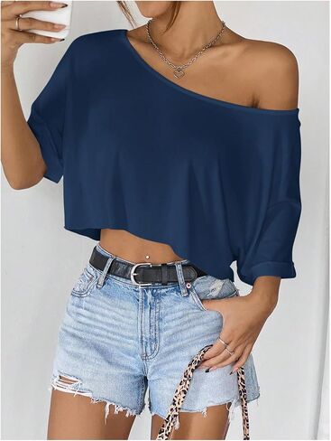 SHENHE Women's Crop Top Asymmetrical Neck Half Sleeve Loose T Shirt Off Shoulder Tops in Saudi Arabia