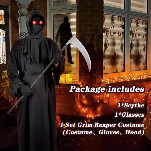 6Pcs Grim Reaper Halloween Costume for Adults Scary Faceless Hooded Robe Set with Gloves Glasses Belt Scythe in Saudi Arabia