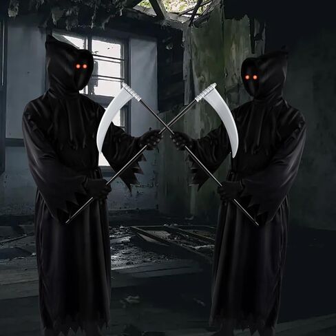 6Pcs Grim Reaper Halloween Costume for Adults Scary Faceless Hooded Robe Set with Gloves Glasses Belt Scythe in Saudi Arabia
