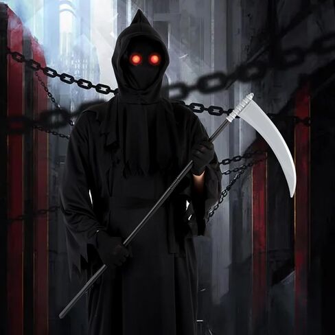 6Pcs Grim Reaper Halloween Costume for Adults Scary Faceless Hooded Robe Set with Gloves Glasses Belt Scythe in Saudi Arabia