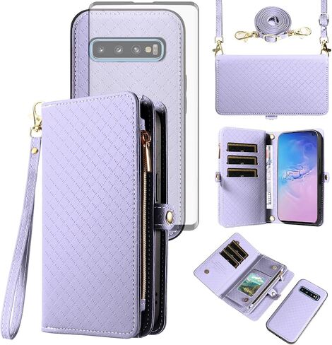 Asuwish Phone Case for Samsung Galaxy S10 Zipper Wallet Detachable Cell Cover with Tempered Glass Screen Protector Crossbody Lanyard Strap Flip Card Holder S 10 Edge 10S GS10 X10 Women Girls Brown in Saudi Arabia
