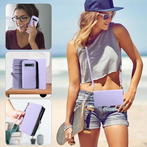 Asuwish Phone Case for Samsung Galaxy S10 Zipper Wallet Detachable Cell Cover with Tempered Glass Screen Protector Crossbody Lanyard Strap Flip Card Holder S 10 Edge 10S GS10 X10 Women Girls Brown in Saudi Arabia