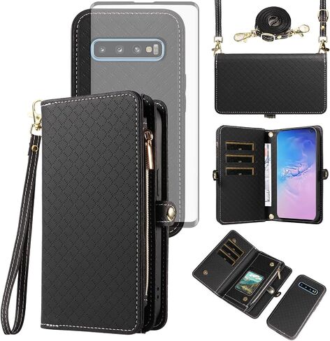 Asuwish Phone Case for Samsung Galaxy S10 Zipper Wallet Detachable Cell Cover with Tempered Glass Screen Protector Crossbody Lanyard Strap Flip Card Holder S 10 Edge 10S GS10 X10 Women Girls Brown in Saudi Arabia