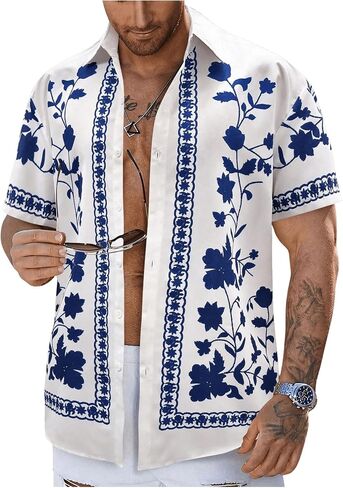 OYOANGLE Men's Floral Print Button Down Shirt Boho Short Sleeve Collar Vacation Holiday Tops in Saudi Arabia