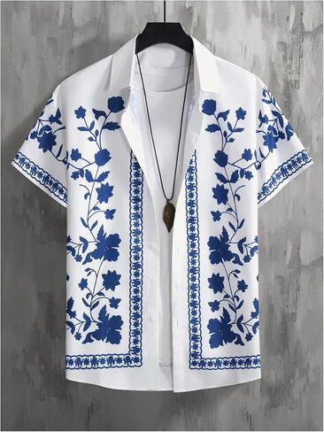 OYOANGLE Men's Floral Print Button Down Shirt Boho Short Sleeve Collar Vacation Holiday Tops in Saudi Arabia