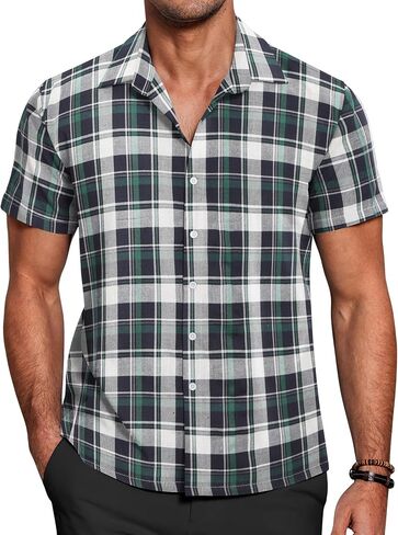 COOFANDY Mens Short Sleeve Button Down Shirt Plaid Button Up Shirts Casual 75% Cotton Work Shirts in Saudi Arabia