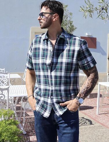 COOFANDY Mens Short Sleeve Button Down Shirt Plaid Button Up Shirts Casual 75% Cotton Work Shirts in Saudi Arabia