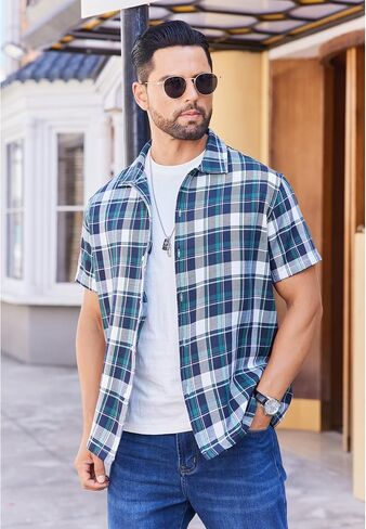COOFANDY Mens Short Sleeve Button Down Shirt Plaid Button Up Shirts Casual 75% Cotton Work Shirts in Saudi Arabia
