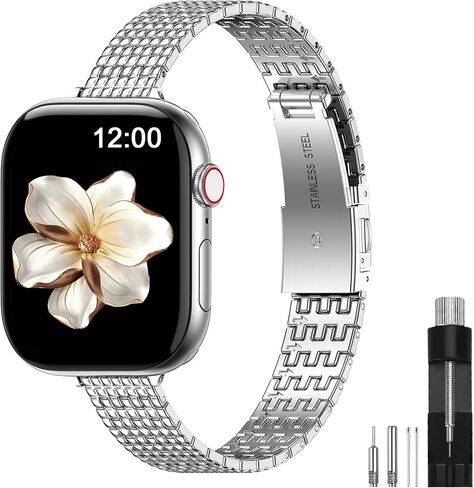 MioHHR Slim Metal Bands Compatible with Apple Watch Band 38mm 40mm 41mm 42mm(Series 10),Thin Stainless Steel Replacement Strap for Women iWatch Bands Series 9 8 7 6 5 4 SE 3 2 1,Silver in Kuwait