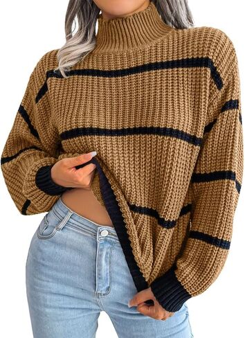 Mywinway Knit Striped Sweaters for Women Fall Winter High Neck Long Lantern Sleeve Causal Loose Fashion Pullover Sweater in Kuwait