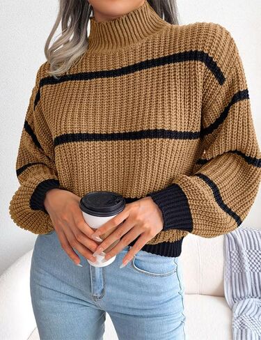Mywinway Knit Striped Sweaters for Women Fall Winter High Neck Long Lantern Sleeve Causal Loose Fashion Pullover Sweater in Kuwait