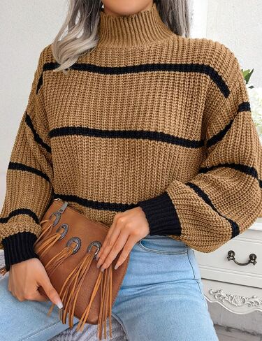 Mywinway Knit Striped Sweaters for Women Fall Winter High Neck Long Lantern Sleeve Causal Loose Fashion Pullover Sweater in Kuwait