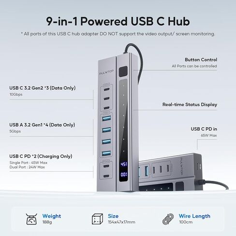 9-in-1 USB 3.2 Data Hub, Power Adapter NOT Included, Powered USB C Hub with 3 x USB-C 10Gbps, 4 x USB-A 5Gbps and 2 x 24/45W USB-C PD Charging Ports USB Hub for MacBook Laptops Tablets in Saudi Arabia
