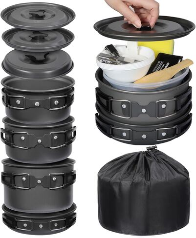 REDCAMP 14 PCS Camping Cookware Mess Kit Camping Gear Campfire Utensils Lightweight Stackable Pot Pan Bowls Soup Spoon with Storage Bag for Camping, Backpacking, Outdoor Cooking and Picnic, Orange in Kuwait