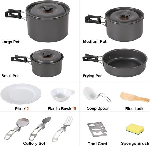 REDCAMP 14 PCS Camping Cookware Mess Kit Camping Gear Campfire Utensils Lightweight Stackable Pot Pan Bowls Soup Spoon with Storage Bag for Camping, Backpacking, Outdoor Cooking and Picnic, Orange in Kuwait
