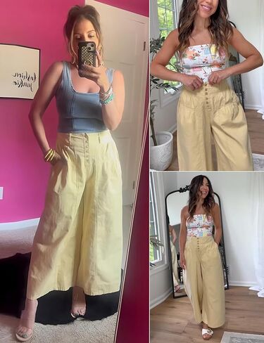 Lentta Women's Wide Leg Jeans Mid Rise Trousers Elastic Waist Button Pleated Demin Pants with Pockets in Kuwait