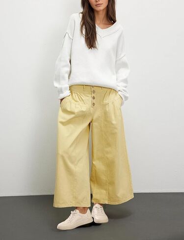 Lentta Women's Wide Leg Jeans Mid Rise Trousers Elastic Waist Button Pleated Demin Pants with Pockets in Kuwait