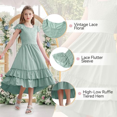 Girls Dresses for Teens Flower Girl Dress Ruffle Sleeve Lace Boho Formal Clothes for Wedding Party Graduation 6-13 Years in Saudi Arabia