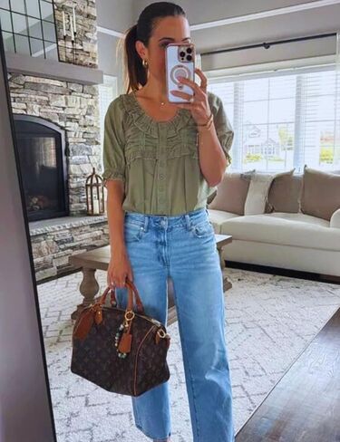 Womens 2025 Summer Trendy Ruffled Top Shapeless Billowy Tunic Swing Blouse with Puff Sleeve in Kuwait