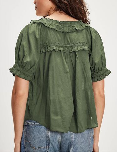 Womens 2025 Summer Trendy Ruffled Top Shapeless Billowy Tunic Swing Blouse with Puff Sleeve in Kuwait