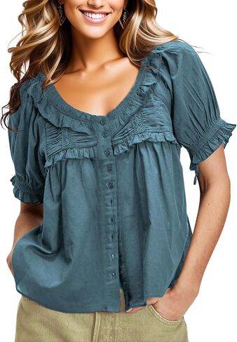 Womens 2025 Summer Trendy Ruffled Top Shapeless Billowy Tunic Swing Blouse with Puff Sleeve in Kuwait