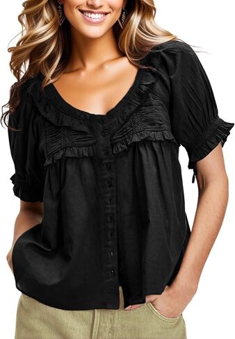 Womens 2025 Summer Trendy Ruffled Top Shapeless Billowy Tunic Swing Blouse with Puff Sleeve in Kuwait