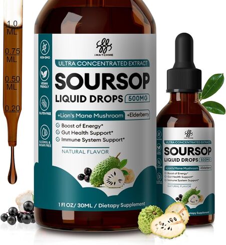 Soursop Graviola Liquid Drop with Elderberry & Lion Mane Mushroom, Soursop Bitter Liquid for Immune, Gut, Antioxidants, Cell & Energy Support, Sugar-Free, 3X Power Herbal, Natural Flavor, 1 Fl Oz in Kuwait