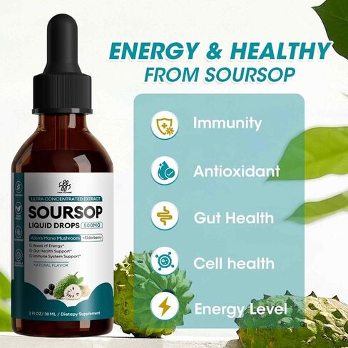 Soursop Graviola Liquid Drop with Elderberry & Lion Mane Mushroom, Soursop Bitter Liquid for Immune, Gut, Antioxidants, Cell & Energy Support, Sugar-Free, 3X Power Herbal, Natural Flavor, 1 Fl Oz in Kuwait