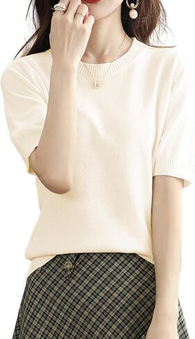 Womens Short Sleeve Sweaters Tops Crew Neck Cotton Pullover Shirt Lightweight Knit Blouse in Saudi Arabia