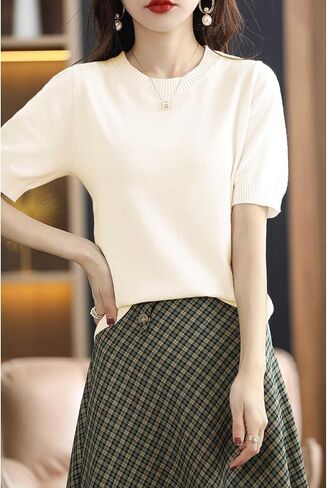 Womens Short Sleeve Sweaters Tops Crew Neck Cotton Pullover Shirt Lightweight Knit Blouse in Saudi Arabia