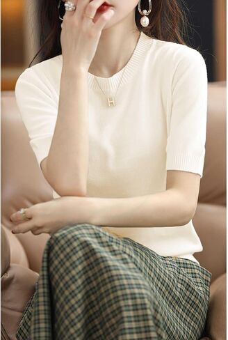 Womens Short Sleeve Sweaters Tops Crew Neck Cotton Pullover Shirt Lightweight Knit Blouse in Saudi Arabia