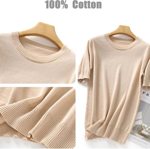 Womens Short Sleeve Sweaters Tops Crew Neck Cotton Pullover Shirt Lightweight Knit Blouse in Saudi Arabia