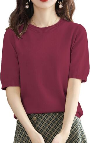 Womens Short Sleeve Sweaters Tops Crew Neck Cotton Pullover Shirt Lightweight Knit Blouse in Saudi Arabia