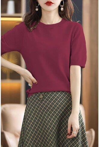 Womens Short Sleeve Sweaters Tops Crew Neck Cotton Pullover Shirt Lightweight Knit Blouse in Saudi Arabia
