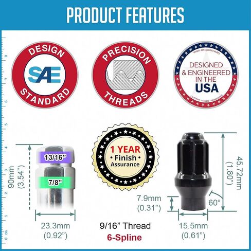Wheel Accessories Parts 32 Pcs 9/16"-18 Thread ET Bulge Acorn 1.80" Long Spline Lug Nuts Black Truck Spline Hex Fits 1994-11 Ram 2500 3500 Chevrolet GMC C2500 C3500 in Saudi Arabia