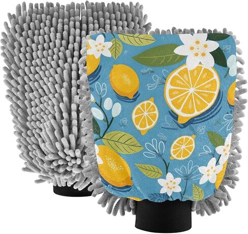 Absorbent Microfiber Car Wash Drying Mitts, 2 Pack, Scratch-Free & Lint-Free, Rich Foam, Highly Absorbent, Double Sided, Wash Mitt Perfect for Car Washing, M, Cute Lemon (7) in Saudi Arabia