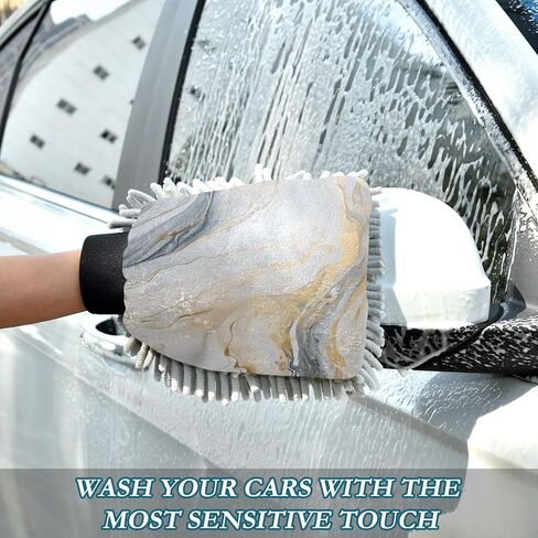 Absorbent Microfiber Car Wash Drying Mitts, 2 Pack, Scratch-Free & Lint-Free, Rich Foam, Highly Absorbent, Double Sided, Wash Mitt Perfect for Car Washing, L, Marble Gold White in Saudi Arabia