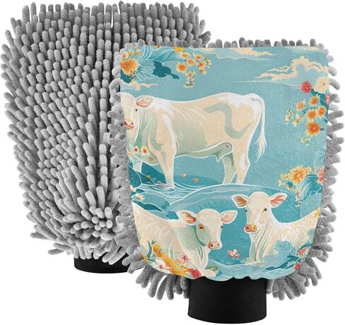 Absorbent Microfiber Car Wash Drying Mitts, 2 Pack, Scratch-Free & Lint-Free, Rich Foam, Highly Absorbent, Double Sided, Wash Mitt Perfect for Car Washing, M, Cow (22) in Saudi Arabia