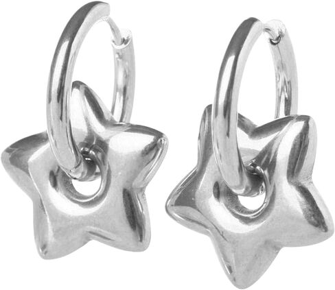 Stainless Steel Puffy Star Huggie Hoop Earrings, Sold as a Pair in Saudi Arabia