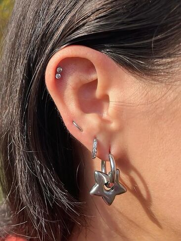 Stainless Steel Puffy Star Huggie Hoop Earrings, Sold as a Pair in Saudi Arabia