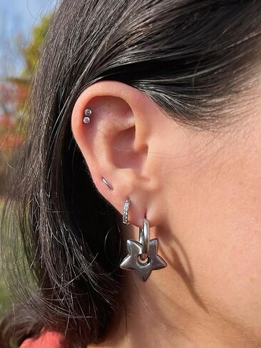 Stainless Steel Puffy Star Huggie Hoop Earrings, Sold as a Pair in Saudi Arabia