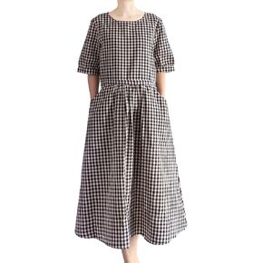 Minibee Women's Cotton Linen Dress Summer Short Sleeve Casual Plaid Flowy A-Line Midi Dresses with Pockets in Kuwait
