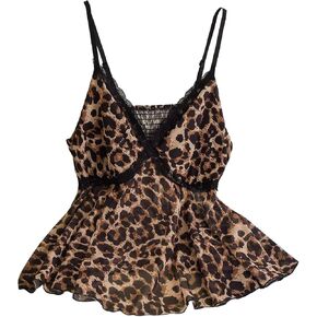 MakeMeChic Women's Plus Size Mesh Lace Leopard Print Cami V Neck Ruffle Hem Shirred Y2k Tops in Saudi Arabia