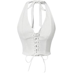 Floerns Women's Y2k Halter V Neck Backless Denim Top Shirred Lace Up Tie Back Crop Top in Saudi Arabia