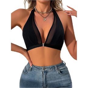 MakeMeChic Women's Mesh Halter Bra Open Back Bralette Front Closure Lightly Lined Bras in Saudi Arabia