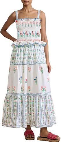 Women Summer Smocked Flowy Dress Spaghetti Strap Square Neck Floral Dress Ruffle Patchwork Boho A Line Midi Sun Dress in Kuwait