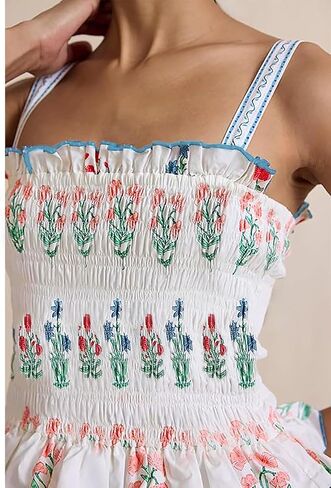 Women Summer Smocked Flowy Dress Spaghetti Strap Square Neck Floral Dress Ruffle Patchwork Boho A Line Midi Sun Dress in Kuwait