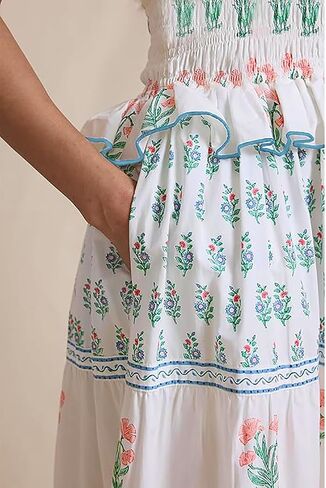 Women Summer Smocked Flowy Dress Spaghetti Strap Square Neck Floral Dress Ruffle Patchwork Boho A Line Midi Sun Dress in Kuwait