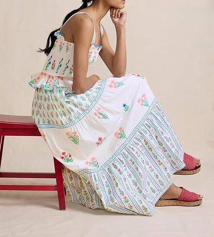 Women Summer Smocked Flowy Dress Spaghetti Strap Square Neck Floral Dress Ruffle Patchwork Boho A Line Midi Sun Dress in Kuwait